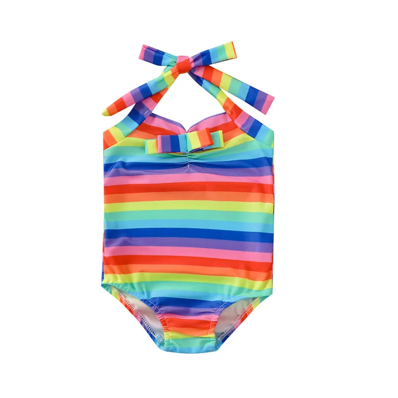 

Для новорожденных, для маленьких девочек Купальники, Одна деталь с лямкой на шее в цветную полоску; Купальные костюмы купальник радужной ра...