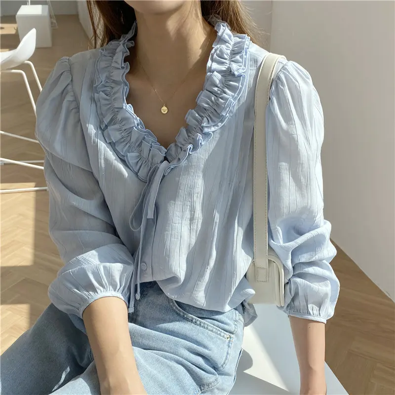 

HziriP 2021 Hot OL Brief Office Lady V-neck All Match Ruffles Lace-Up Chic Sweet Fashion High Street Streetwear Stylish Blouses