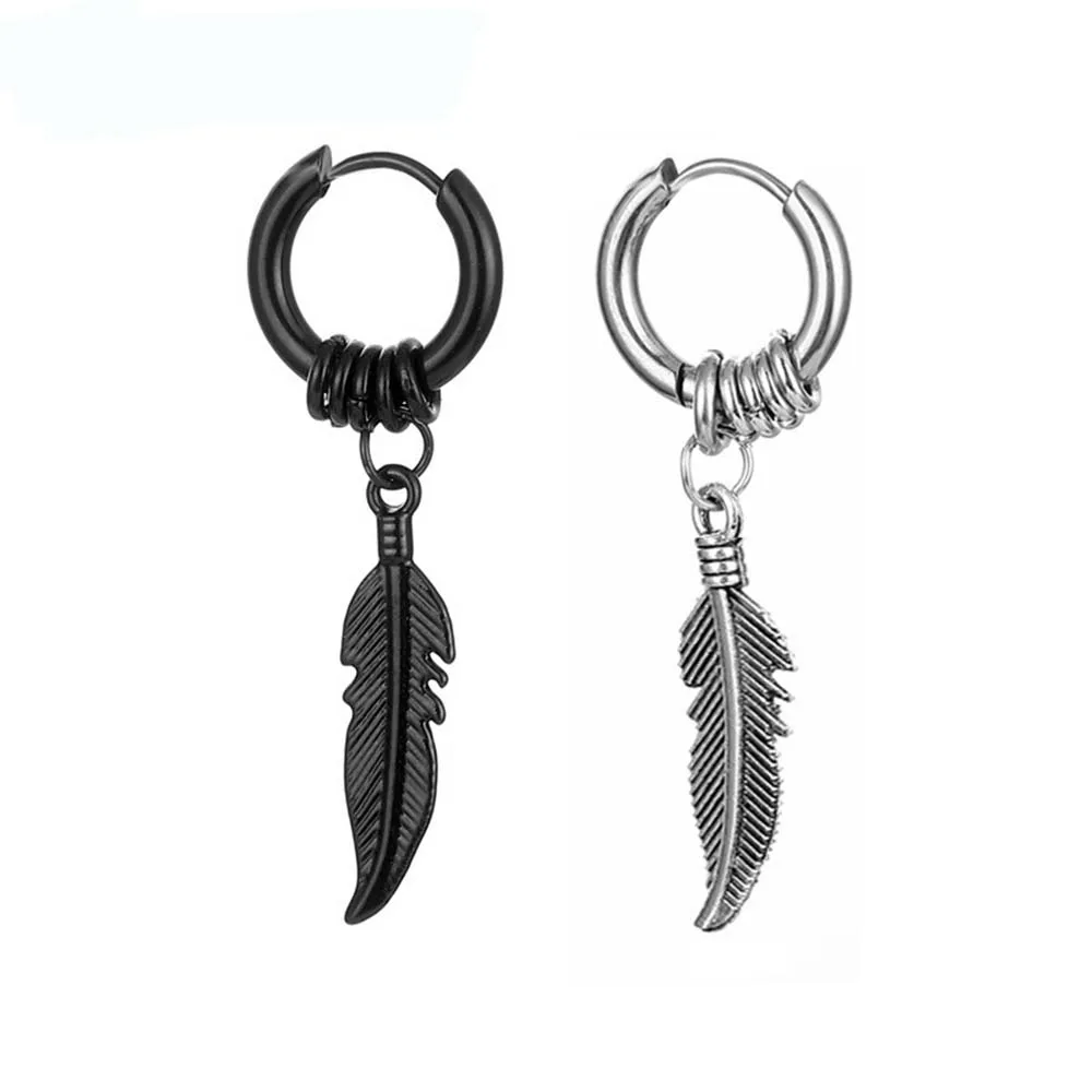 Fashion Feather Pendant Hoop Earrings For Men Punk Rock Style High Quality Stainless Steel Ear Jewelry
Fashion Feather Pendant Hoop Earrings For Men Punk Rock Style High Quality Stainless Steel Ear Jewelry