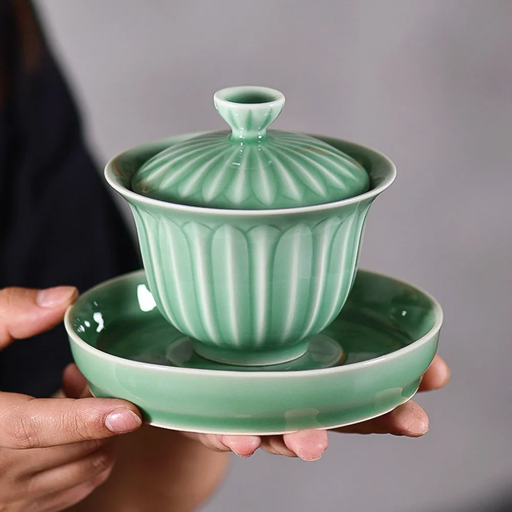 

Gaiwan 5.5oz Kung Fu Teacup and Saucer Set Porcelain 160ml Chinese Cup for Tea Ceramic Mug Celadons Drinkware Decor Lotus Leaf