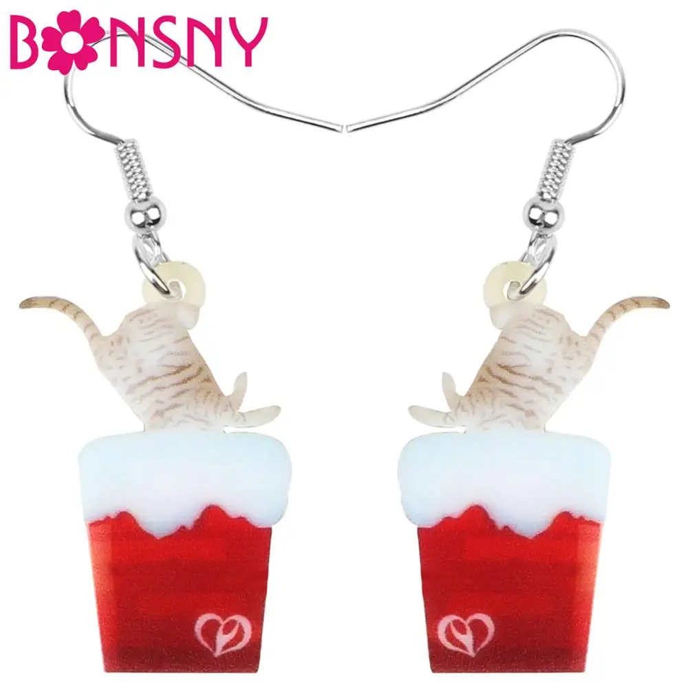 

Bonsny Acrylic Christmas Anime Chimney Cat Earrings Drop Dangle Animal Jewelry For Women Girl Teen Kid Gift Decoration Accessory