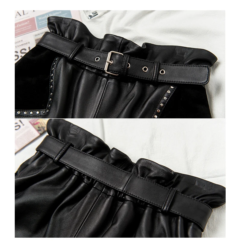 Women Wide Leg Sheep Real Leather Shorts Female Pockets Belt Shiny Ruffle Fold Elastic High Waist Pants Mujer Harajuku Trousers
Women Wide Leg Sheep Real Leather Shorts Female Pockets Belt Shiny Ruffle Fold Elastic High Waist Pants Mujer Harajuku Trousers