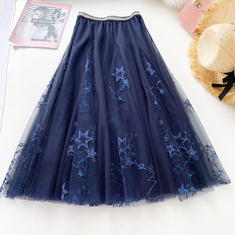 Heavy Work Elegant Star Embroidered Women Skirts Sequined High Waist Mesh Skirt Summer Big Swing Galaxy Fairy Long Tulle Skirt
Heavy Work Elegant Star Embroidered Women Skirts Sequined High Waist Mesh Skirt Summer Big Swing Galaxy Fairy Long Tulle Skirt