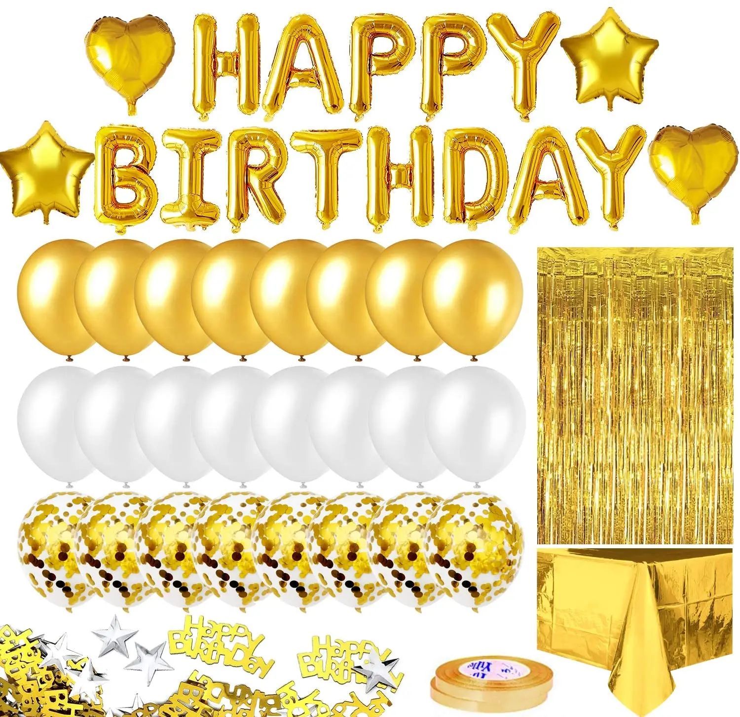 

Gold Birthday Party Decoration Happy Birthday Banner Balloons Fringe Curtain Foil Tablecloth Heart Star Foil Confetti Balloons a