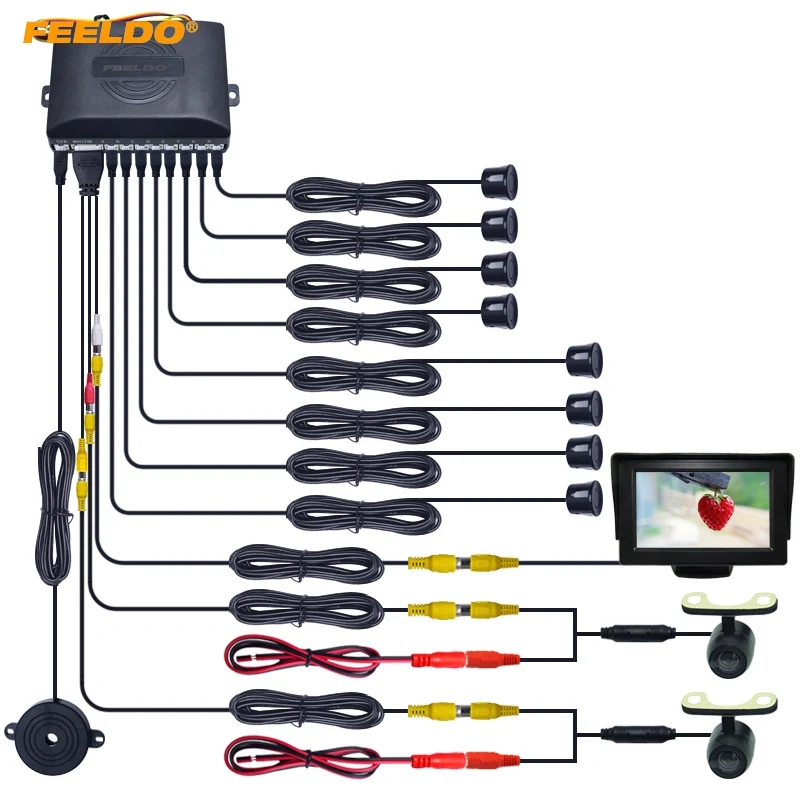 FEELDO Car 4.3" LCD Monitor 8-Sensor Parking Sensor 2x Mini CCD Camera Dual Visual Rearview Video Radar System #FD-1631 | Автомобили и