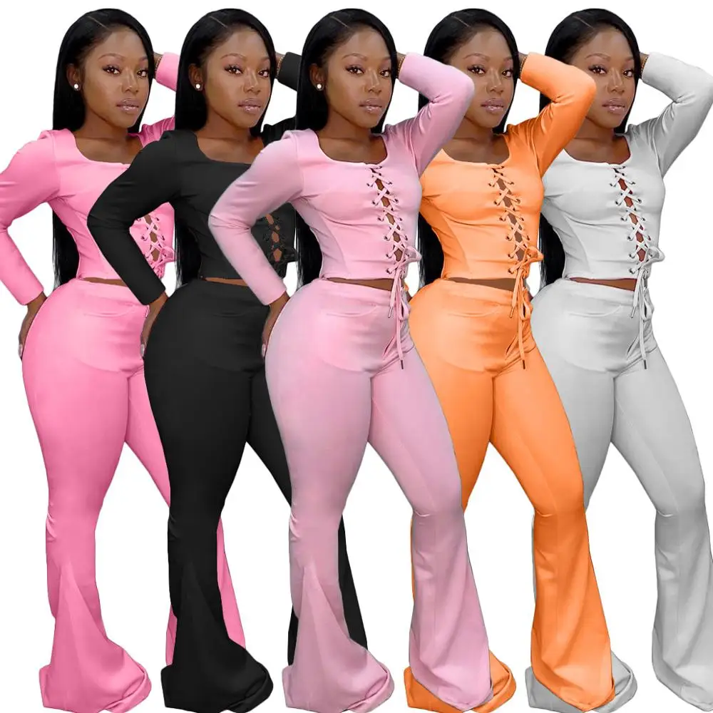 Casual Women Two Piece Set Front Cross Bandage Crop Top + Long Flare Pants Solid Color Long Sportsuit Autumn Clothes For Women
Casual Women Two Piece Set Front Cross Bandage Crop Top + Long Flare Pants Solid Color Long Sportsuit Autumn Clothes For Women