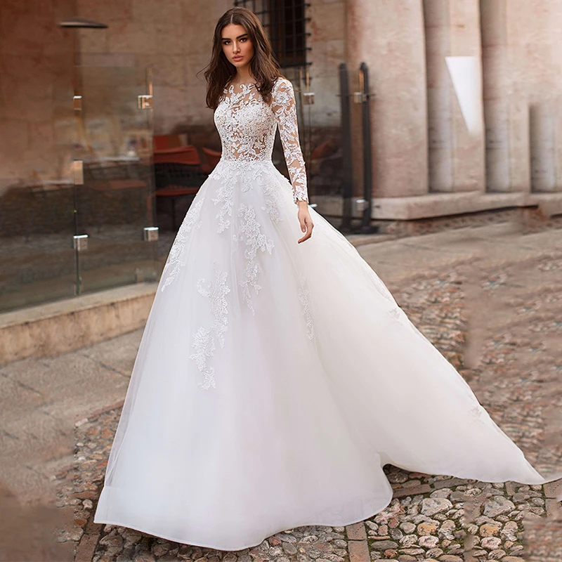 

Attractive Tulle Jewel Neckline See-through Bodice A-line Wedding Dress With Lace Appliques & Beadings Long Sleeves Bridal Grown