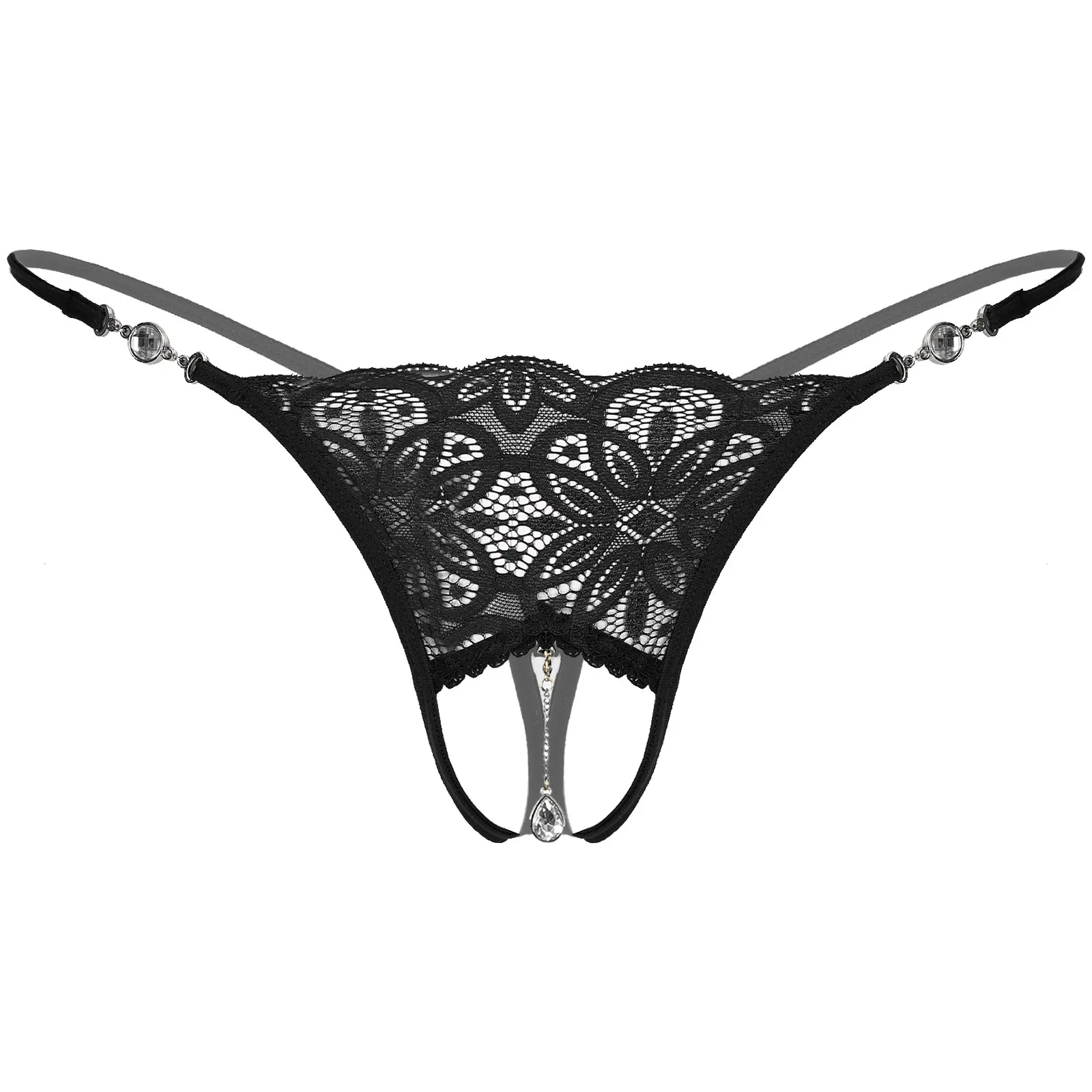 

Mens Sexy Lingerie Rhinestone Pendant Floral Lace G-string Low Rise Sissy Crotchless Thongs Male Gay Underwear Erotic Panties