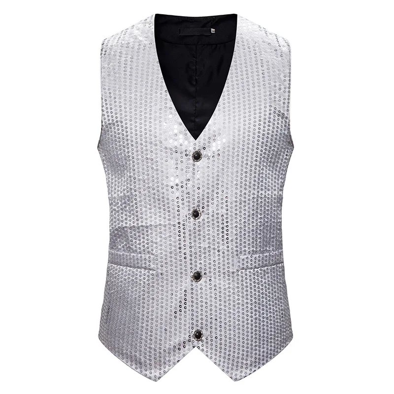 

Mens Stage Costumes Fashion Paillette Suit Vest Slim Fit Brand New Casual Dress Party Vest Waistcoat Men Gilet Homme 6 Colors