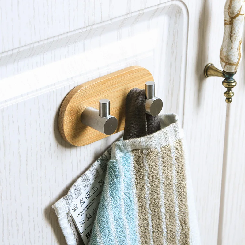 Kitchen Tool Natural Bamboo Stainless Steel Hook Wall Clothes Bag Key Hanger Bathroom Door Towel Rustproof Shelf K1300 E | Дом и сад