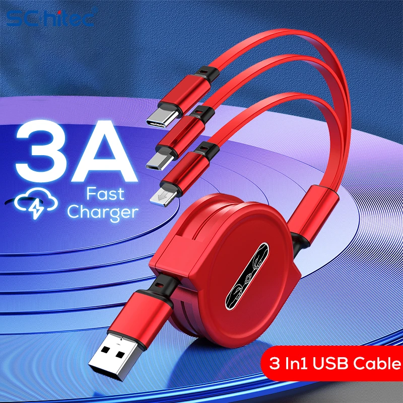 3 в 1 USB зарядный кабель для iPhone 12 Micro Тип C выдвижной портативный X 8 Samsung S9 120 см |