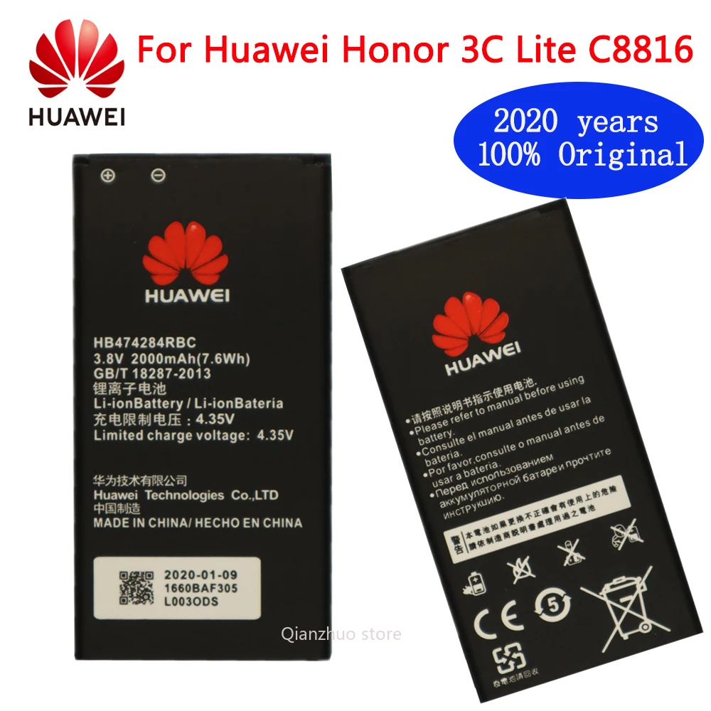 

100% Оригинальный запасной аккумулятор HB474284RBC для Huawei C8816, Y550, Y560, Y625, Y635, G521, G620, Y5, Honor 3c lite, аккумулятор 2000 мАч