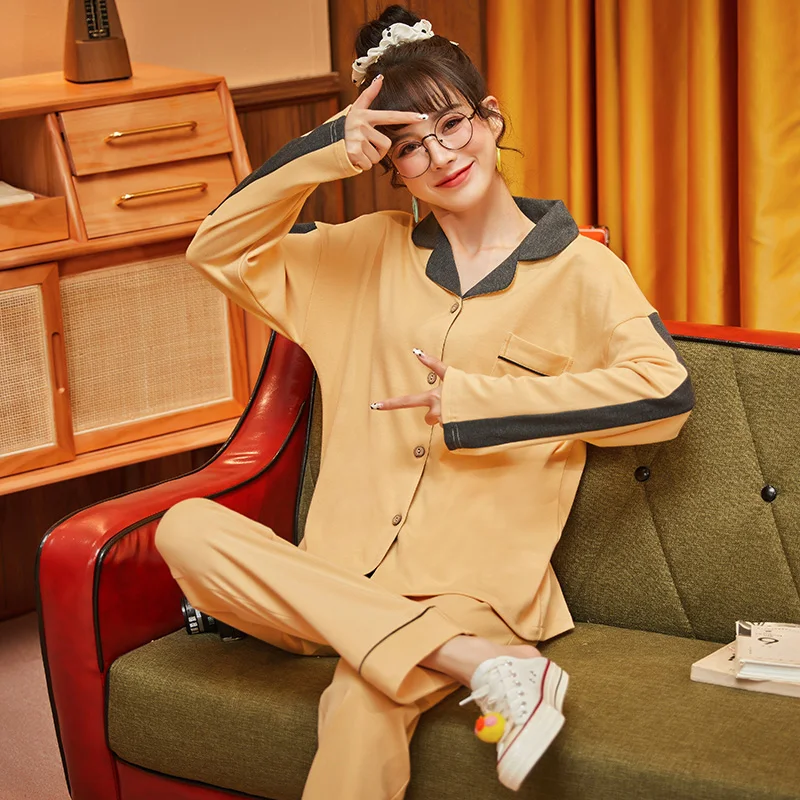 Winter Long Sleeve Pajamas For New Cotton Turn-down Collar Pajamas Fashion Yellow Patchwork New Homewear Outdoor Sleepwear
Winter Long Sleeve Pajamas For New Cotton Turn-down Collar Pajamas Fashion Yellow Patchwork New Homewear Outdoor Sleepwear