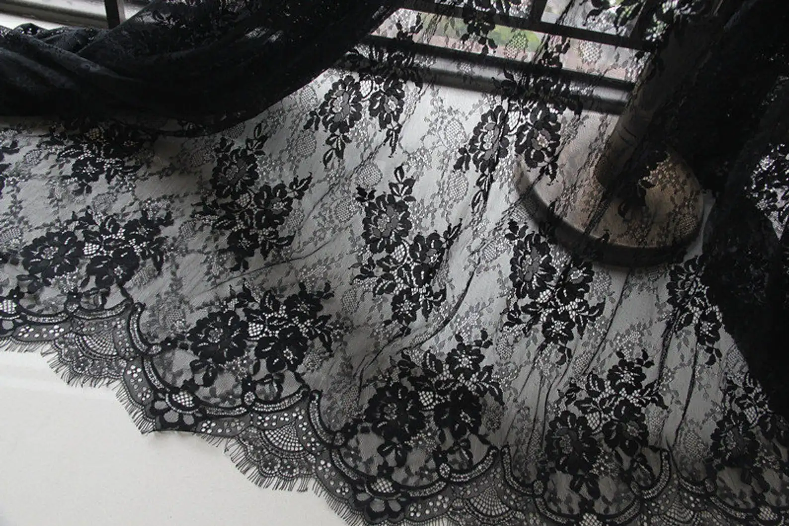 

3 yards Black Chantilly Lace Fabric With Double Motif, Scalloped Lace Fabric With Retro Florals