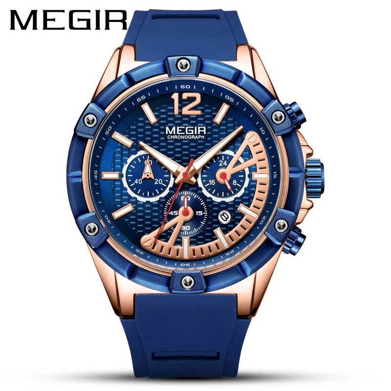 

MEGIR New Luminous Waterproof Multifunctional Chronograph Men's Quartz Watch Silicone Strap Men's Sports Watch Calendar 2083G
