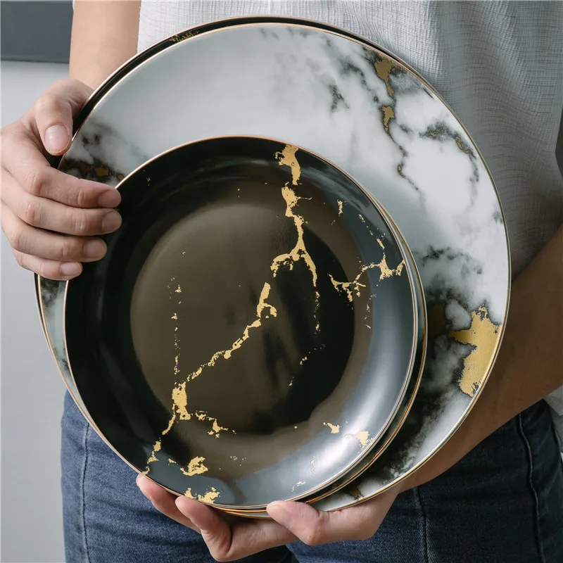 

Nordic Marble Dinner Plate Set Gold Inlay Ceramic Dishes Porcelain Dessert Plates Steak Salad Cake Tray Snack Tableware Dish