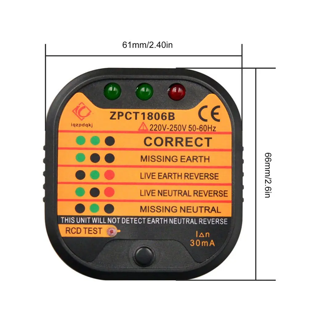 ZPCT1806B Outlet Socket Tester Detector Circuit Polarity Voltage Plug Breaker EU Ground Zero Line Switch Safety Electroscope
ZPCT1806B Outlet Socket Tester Detector Circuit Polarity Voltage Plug Breaker EU Ground Zero Line Switch Safety Electroscope