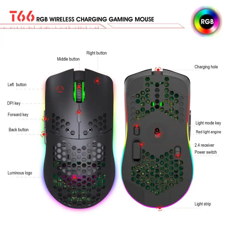 T66 2.4G Wireless Gaming Mouse Rechargeable Gaming Mouse Ergonomic RGB Backlit Mouse For Laptop Computer Pro Gamer
T66 2.4G Wireless Gaming Mouse Rechargeable Gaming Mouse Ergonomic RGB Backlit Mouse For Laptop Computer Pro Gamer