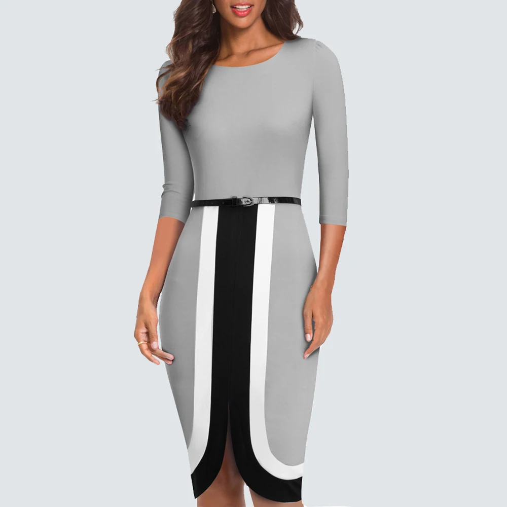 Women Wear to Work O Neck 3/4 Sleeve Contrast Color Bodycon Office Pencil Dress with Belt HB549
Women Wear to Work O Neck 3/4 Sleeve Contrast Color Bodycon Office Pencil Dress with Belt HB549
