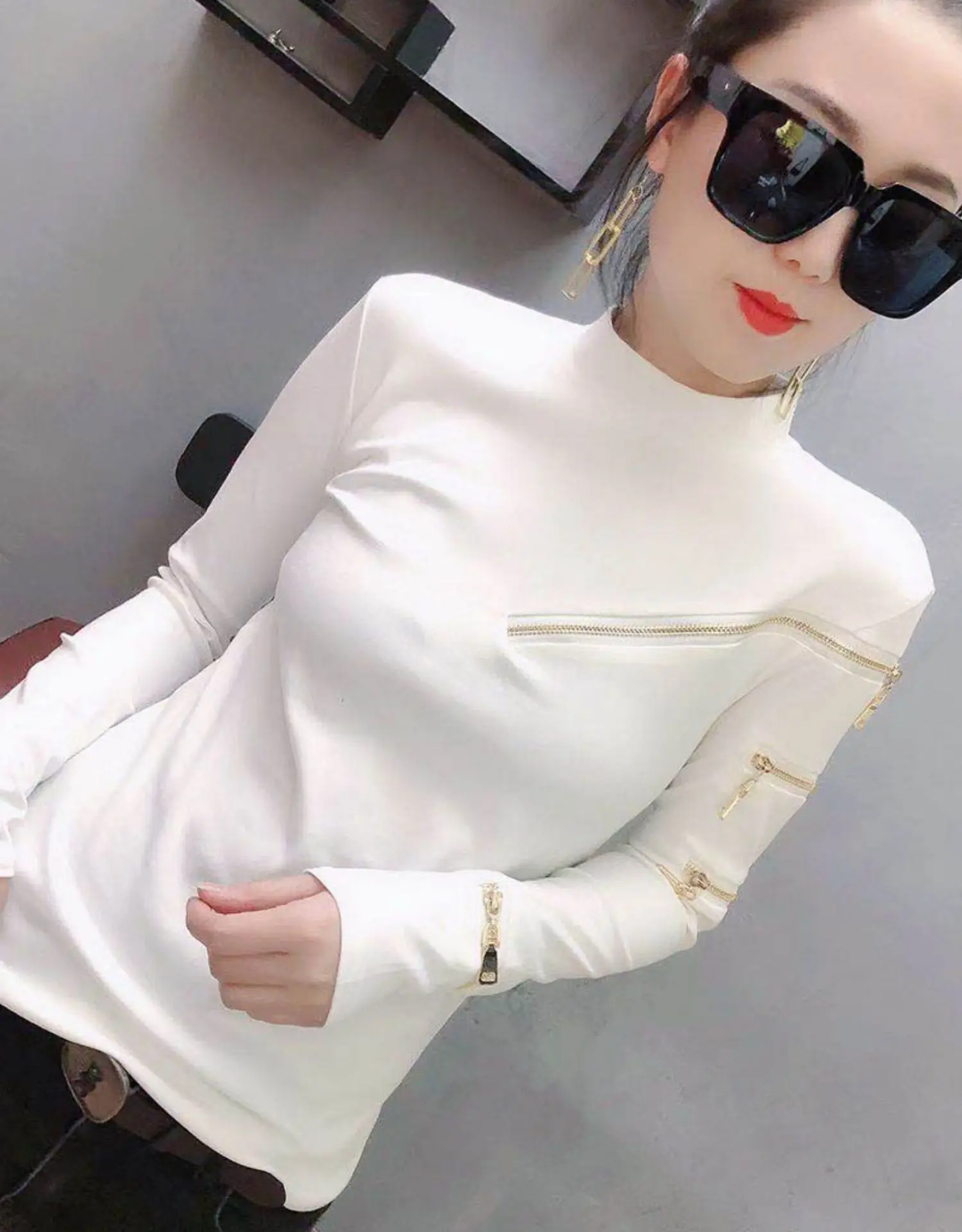 

Zipper Deco Women T-shirts Femme Strechy Cotton T-shirts Lady Zipper Pullovers Tp[s