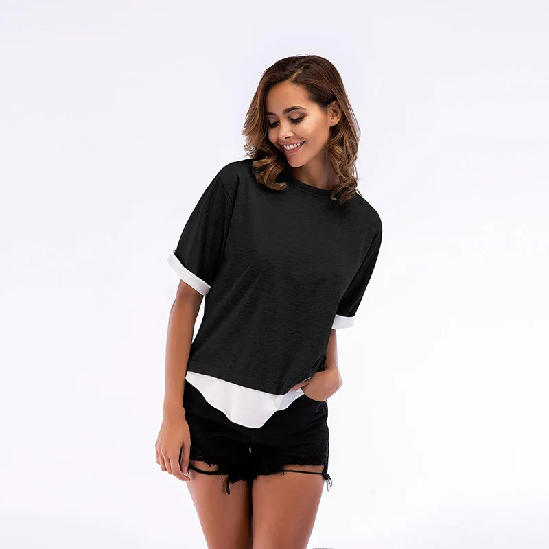 Stitching round neck women's T-shirt short sleeve women's summer oversized top
Stitching round neck women's T-shirt short sleeve women's summer oversized top