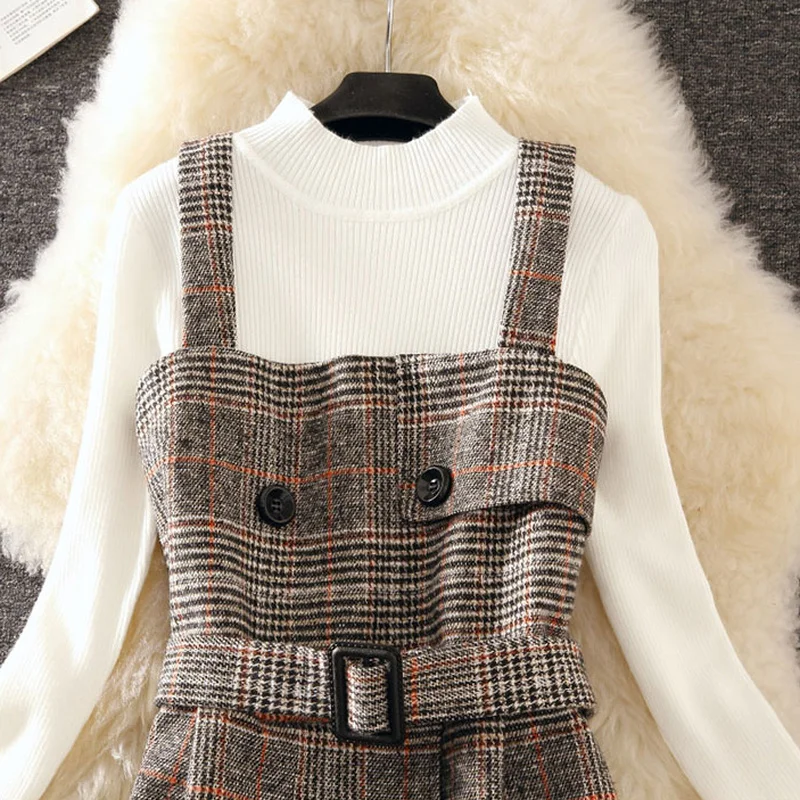 Women Sets Long Sleeve Knitting Tops Plaid Knee-length Dress Temperament Korean Style Retro Hipster Females Office Lady Newest
Women Sets Long Sleeve Knitting Tops Plaid Knee-length Dress Temperament Korean Style Retro Hipster Females Office Lady Newest