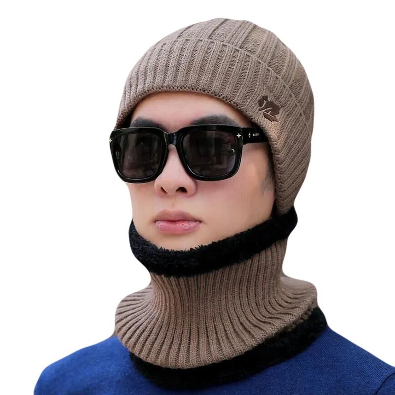 Winter Skullies Knitted Wool Beanies Men's Hat Sets Scarf Man Hip Hop cap Maple Leaf Plus Velvet Warm Hats For Men Hood | Аксессуары