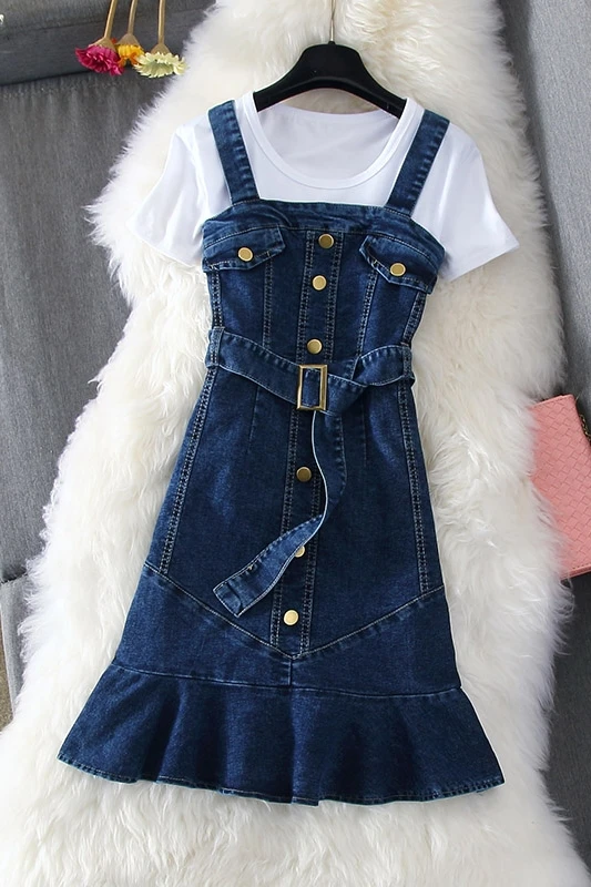 2020 Summer Autumn New Fashion Suit All-match White T-shirt +Sling Ruffles Medium-Length Jeans Dress Women Dress Two-Piece Set
2020 Summer Autumn New Fashion Suit All-match White T-shirt +Sling Ruffles Medium-Length Jeans Dress Women Dress Two-Piece Set