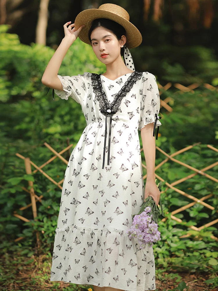 

Summer New Women's Ins Same Paragraph Japanese Girl Pastoral Style Butterfly Print Lace Puff Sleeve Mid-Length Chiffon Dress