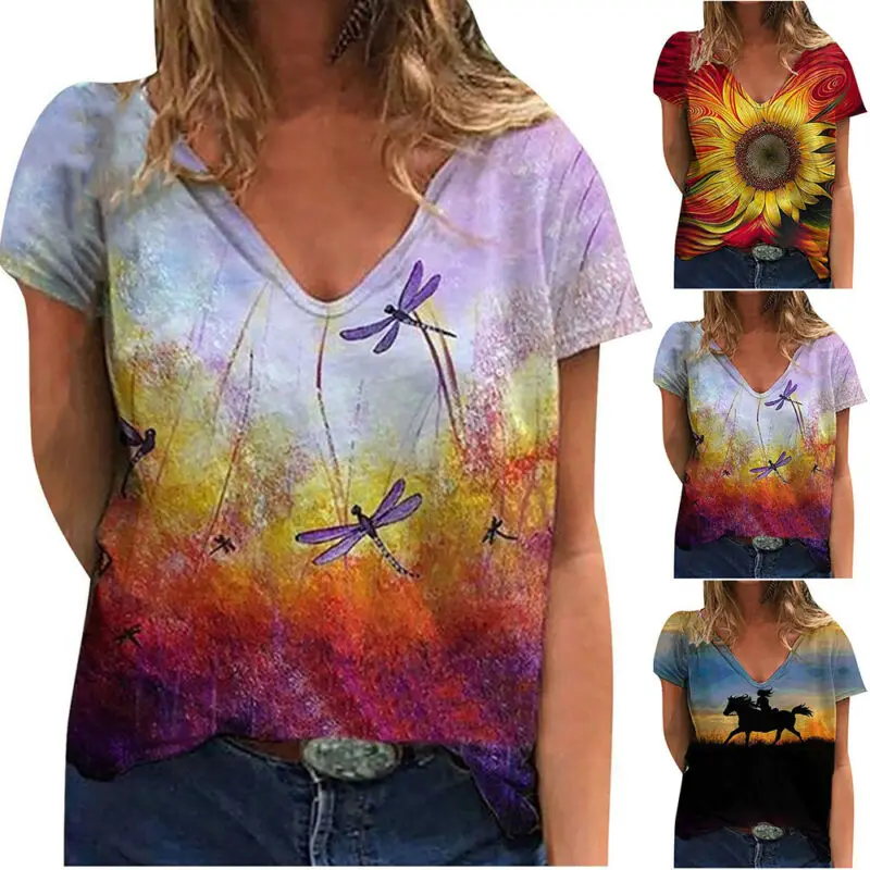 Women Short Sleeve Floral Top V Neck Loose Blouse T-Shirt Summer Basic Tee Shirt
Women Short Sleeve Floral Top V Neck Loose Blouse T-Shirt Summer Basic Tee Shirt