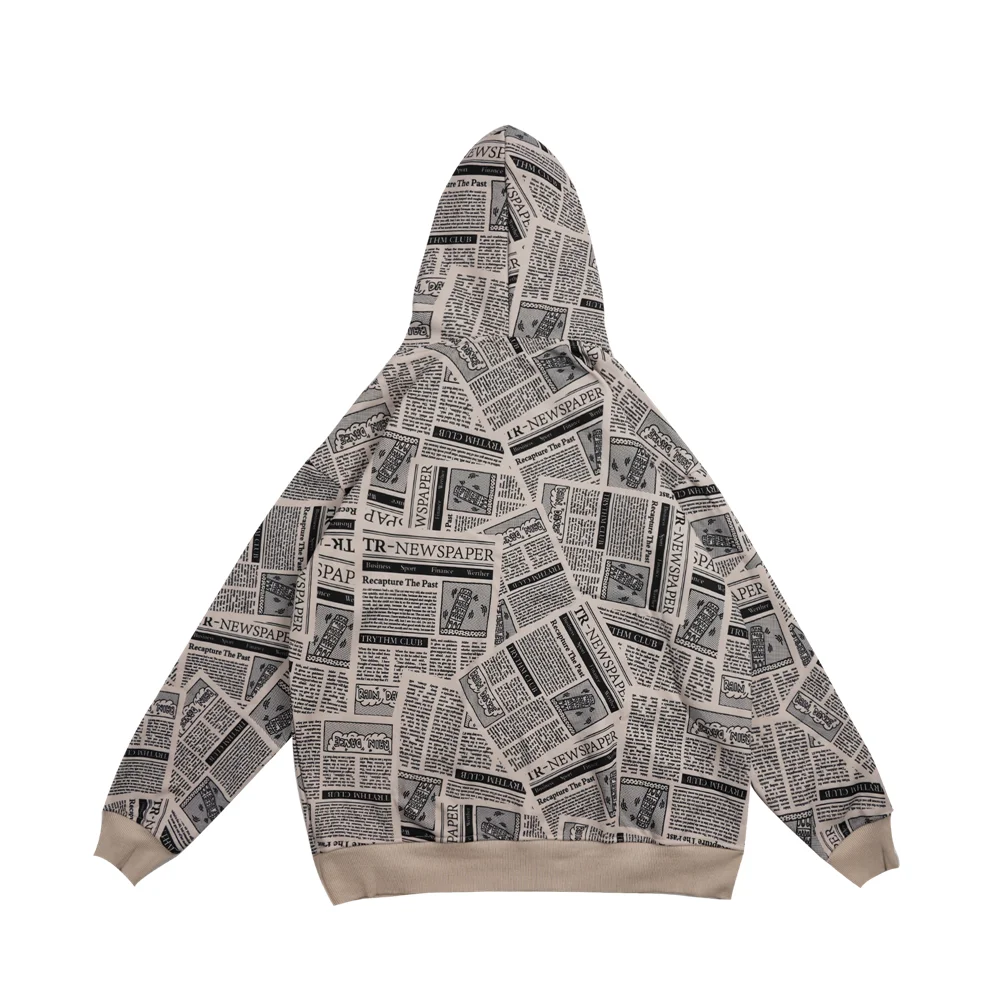 LINDSEY SEADER Newspaper Pattern Men's Hoodies Sweatshirt Winter Warm Fleece Cotton Harajuku Oversize Streetwear Clothing | Мужская