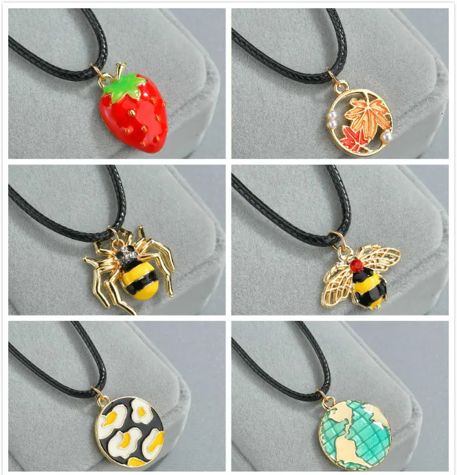 Womens Rhinestrone Insect Spider Bee Necklace Fruit Strawberry World Map Black Rope Unisex Necklaces Pendants Jewelry | Украшения и