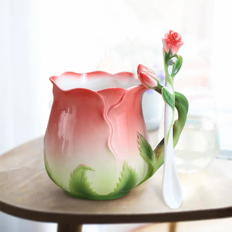 

Caneca de café de cerâmica esmaltada estilo europeu, criativa 3d em formato de flor de rosa,copos de leite com colher fine china