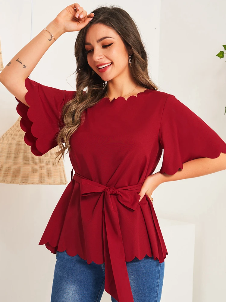 Женская футболка с воротником-лепестком, винно-красная Элегантная футболка с поясом и расклешенными рукавами, высокой талией, лето 2022
Женская футболка с воротником-лепестком, винно-красная Элегантная футболка с поясом и расклешенными рукавами, высокой талией, лето 2022