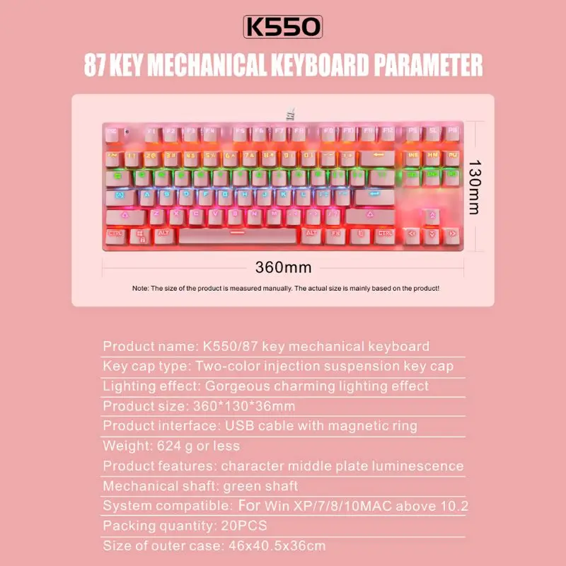 K550 Green Shaft Mechanical Keypad 87 Keys Gaming Keyboard for Windows XP/7/8/10 Systems
K550 Green Shaft Mechanical Keypad 87 Keys Gaming Keyboard for Windows XP/7/8/10 Systems