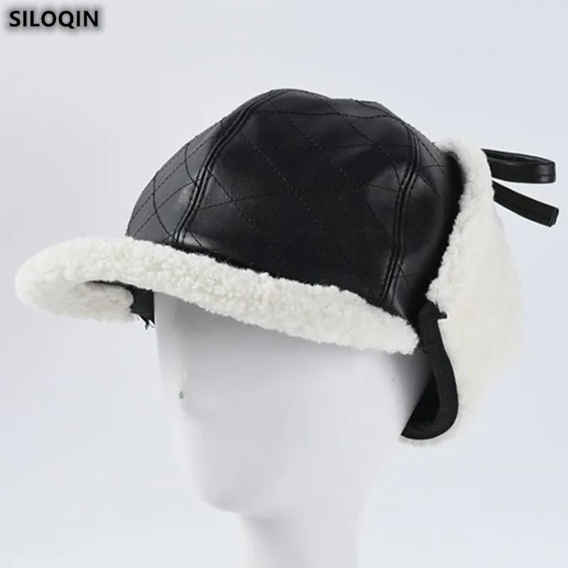 

SILOQIN Trend Quality PU Leather Bomber Hat For Women Fashion Velvet Thermal Ear Protectors Ski Cap Lady Brands Winter Hats New