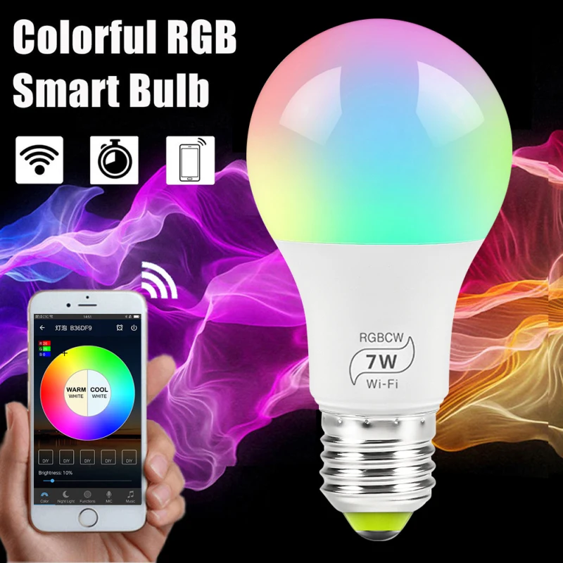 E27 7W LED Dimmable RGB Wifi Smart Light Bulb For Alexa Google Home Color Lamp For Remote Control Smart Timing Voice Control
E27 7W LED Dimmable RGB Wifi Smart Light Bulb For Alexa Google Home Color Lamp For Remote Control Smart Timing Voice Control