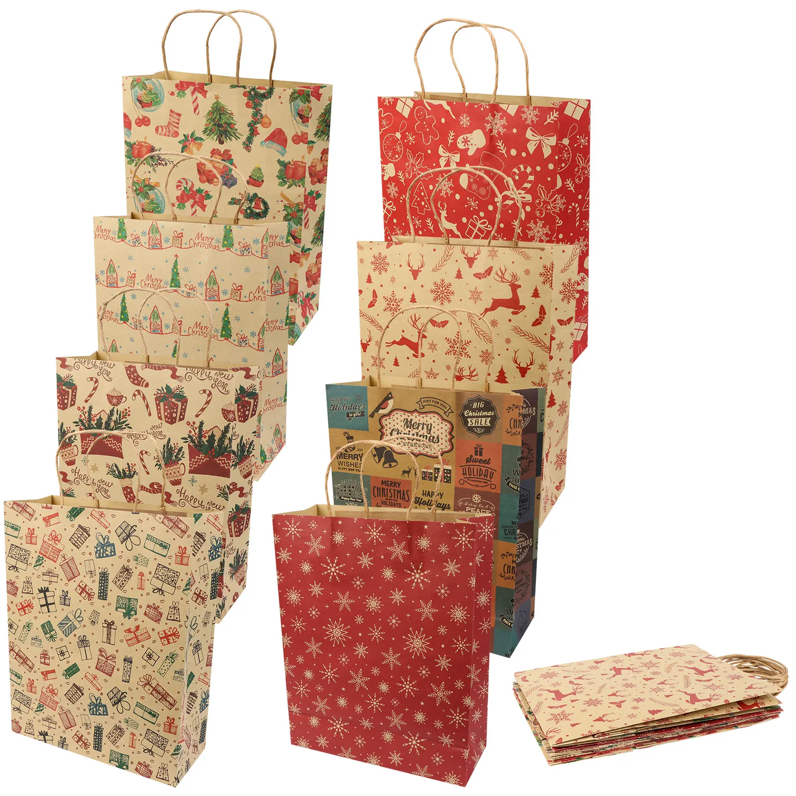 

16PCS Kraft Paper Bags Christmas Gift Tote Bag Elk Snowflake Snowman Christmas Tree Paper Bag Gift Box Decoration Portable Bag