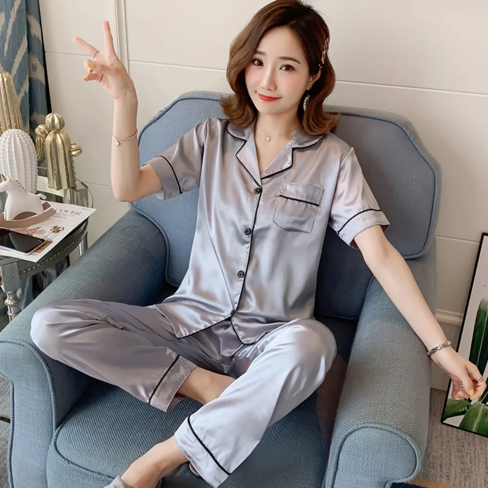 Women's Faux Silk Satin Pajamas Set Sleepwear Nightwear Short Sleeve Pajamas Set Home Clothes For Women Sleeping Shirt Home Wear
Women's Faux Silk Satin Pajamas Set Sleepwear Nightwear Short Sleeve Pajamas Set Home Clothes For Women Sleeping Shirt Home Wear