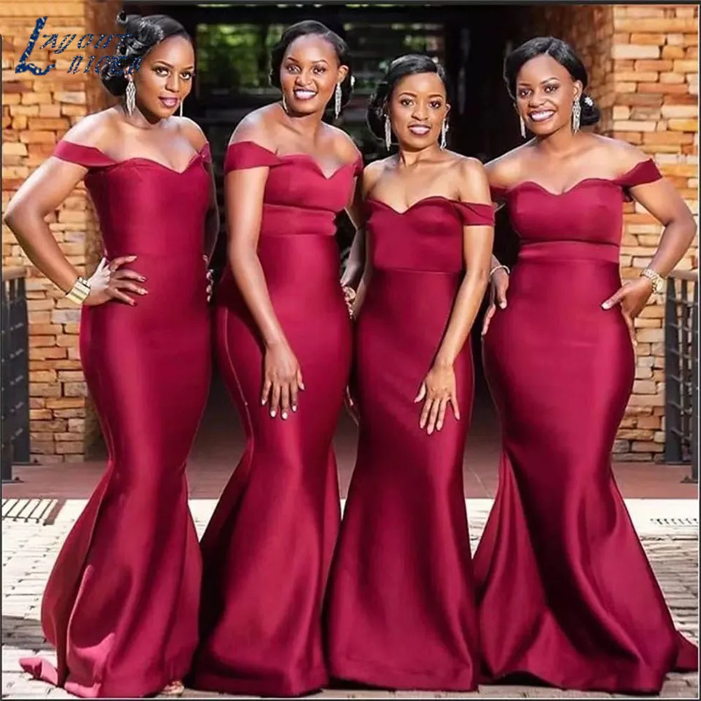 Sexy Off the Shoulder Satin Burgundy Bridesmaid Dresses Mermaid for Women Simple V-Neck Wedding Party Evening Gowns Floor Lenght
Sexy Off the Shoulder Satin Burgundy Bridesmaid Dresses Mermaid for Women Simple V-Neck Wedding Party Evening Gowns Floor Lenght