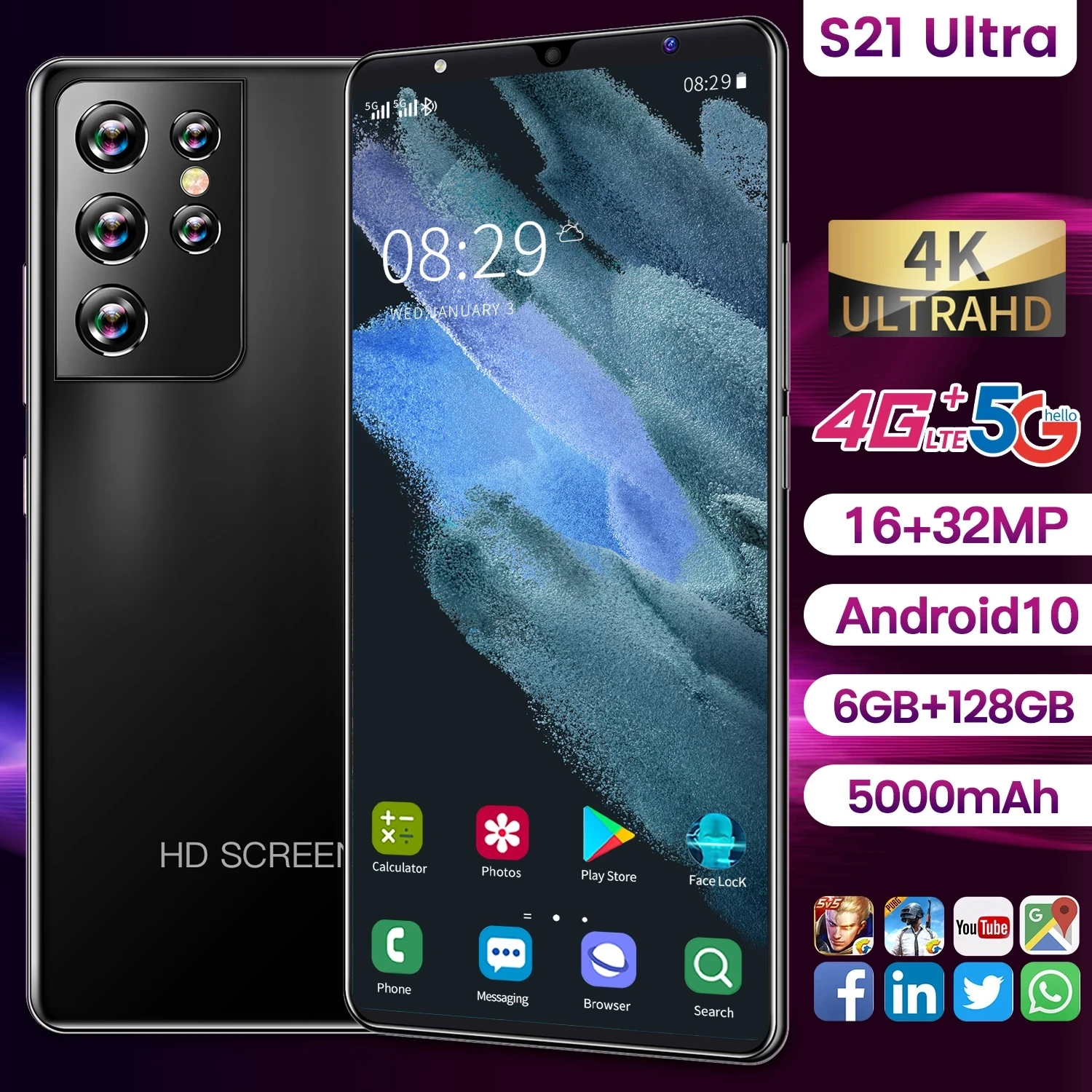 Смартфон Самый дешевый смартфон S21 Ultra 6 ГБ + 128 Гб полный экран 1 дюйма 5000 мАч камера