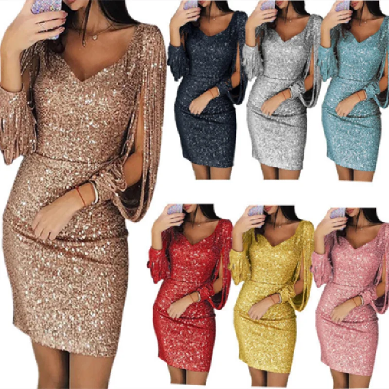 2021 Women V-Neck Sequins Glitter Tassel Long Sleeves Mini Evening Elegant Club Vestidos Summer Bodycon Oversize Dress 5XL
2021 Women V-Neck Sequins Glitter Tassel Long Sleeves Mini Evening Elegant Club Vestidos Summer Bodycon Oversize Dress 5XL