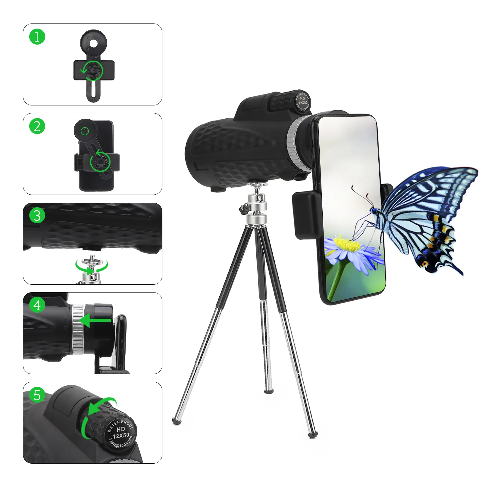 Magnification Monocular Telescope HD Waterproof With Smartphone Mount For Hiking Climbing Bird Watching Landscapes 12 X 50
Magnification Monocular Telescope HD Waterproof With Smartphone Mount For Hiking Climbing Bird Watching Landscapes 12 X 50