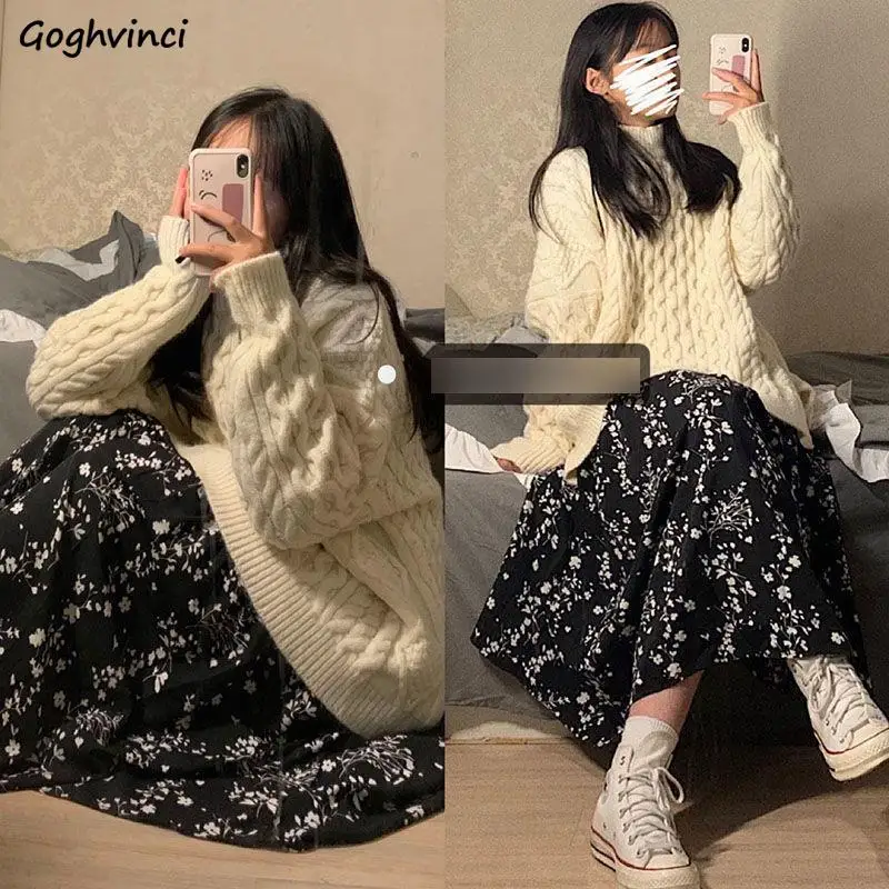 Women Sets Tender Girls Sweet Knitted Turtleneck Loose Lazy Drop-shoulder Sweaters Floral A-line Skirts Korean Style Autumn New
Women Sets Tender Girls Sweet Knitted Turtleneck Loose Lazy Drop-shoulder Sweaters Floral A-line Skirts Korean Style Autumn New