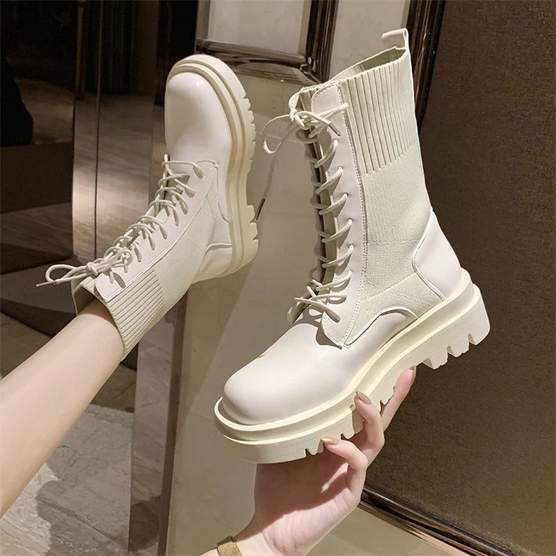 Autumn Style Women's Thick-soledBeige Boots Lace-up Ankle Boots Fashion Ladies Winter Elastic Stockings Comfortable Casual Shoes 
Autumn Style Women's Thick-soledBeige Boots Lace-up Ankle Boots Fashion Ladies Winter Elastic Stockings Comfortable Casual Shoes