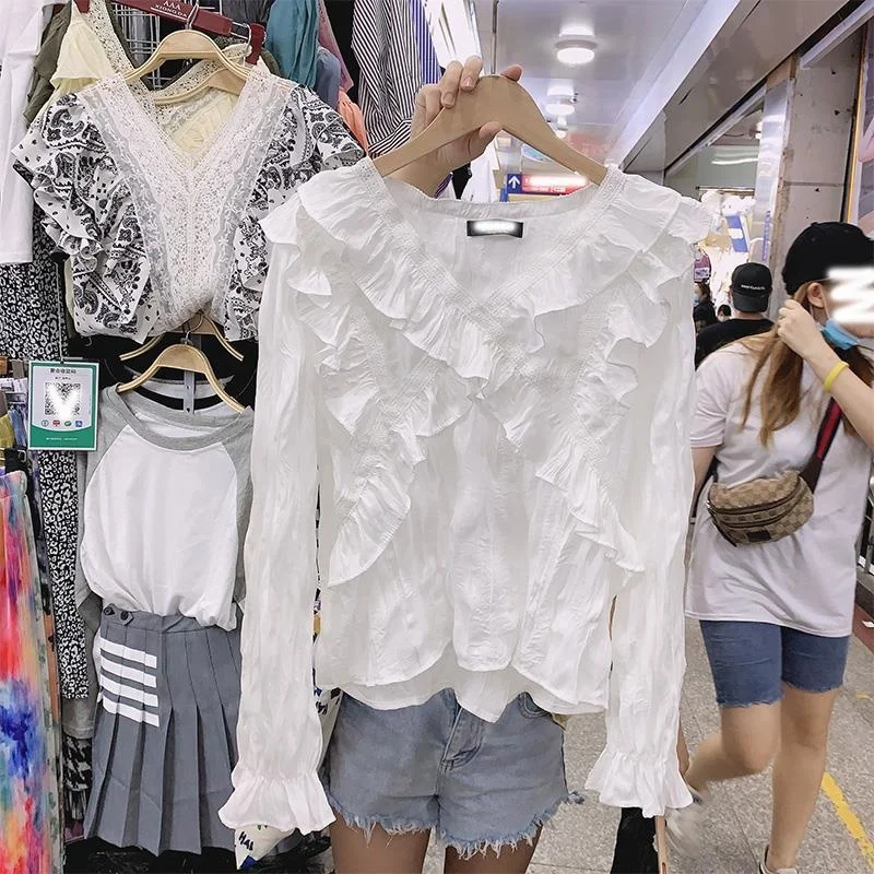 Chiffon Shirt V-neck Cross Pleated Ruffled Long-Sleeved Shirt Women's Blouse Blusas Ropa De Mujer
Chiffon Shirt V-neck Cross Pleated Ruffled Long-Sleeved Shirt Women's Blouse Blusas Ropa De Mujer