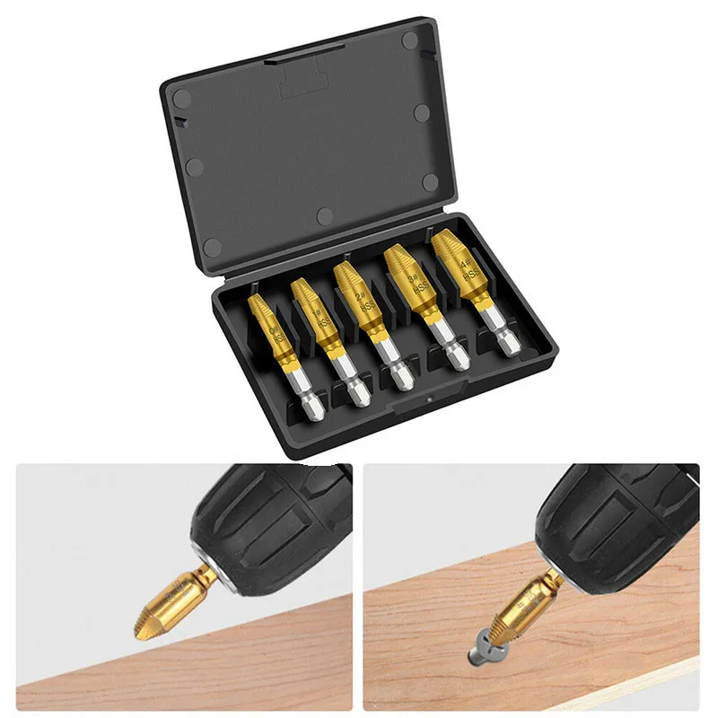 5pcs Titanium Plating Damaged Screw Extractor Drill Bit With 1/4 Hex Handle HSS Broken Wire Extractor Drill Set With Box
5pcs Titanium Plating Damaged Screw Extractor Drill Bit With 1/4 Hex Handle HSS Broken Wire Extractor Drill Set With Box