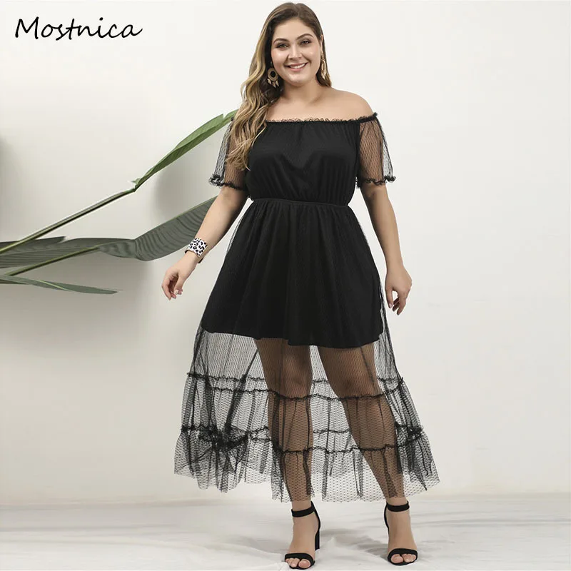 Mostnica Black Double Layer Mesh Plus Size Dress Women Elegant Off Shoulder Stretchy Waist Short Sleeves Woman Party Dresses OL 
Mostnica Black Double Layer Mesh Plus Size Dress Women Elegant Off Shoulder Stretchy Waist Short Sleeves Woman Party Dresses OL