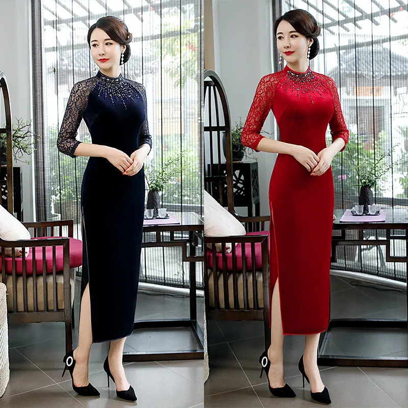 Vintage Hight Collar Lady Cheongsam 3/4 Lace Floral Sleeve Long Velour Chinese Dress Applique Crystal Qipao Straight Skirt Gown
Vintage Hight Collar Lady Cheongsam 3/4 Lace Floral Sleeve Long Velour Chinese Dress Applique Crystal Qipao Straight Skirt Gown
