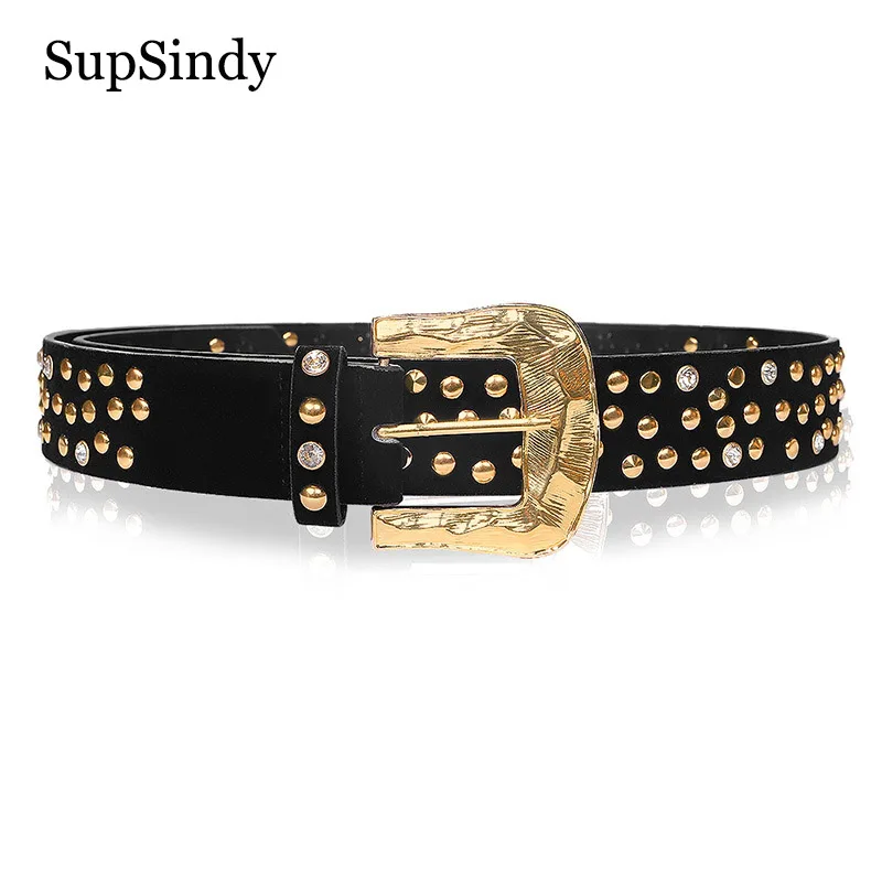 

SupSindy Fashion Woman's leather belt metal pin buckle Punk Rhinestone rivets Wide Belts for women jeans waistband female Black